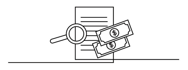 the art of drawing a continuous line from the Rapidly Growing Outsourced Accounting Services. dollar coin. paper dollar. magnifying glass on a sheet of paper.