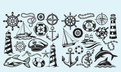 Collection of nautical vector icons featuring a ship, anchor, compass, lighthouse, dolphin, sailboat, fish, wheel, and life preserver