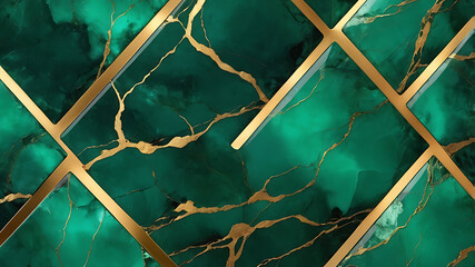 Luxury Emerald Marble Texture with Gold Veins and Geometric Design Wallpaper Background, ai