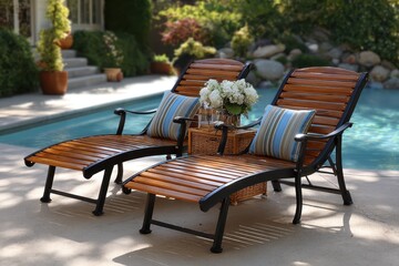 Obraz premium Relaxing poolside loungers with cushions and flowers in a serene outdoor setting