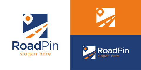 Creative simple road pin logo template. Highway with pin route logo design vector illustration.