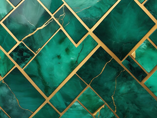 Luxury Emerald Marble Texture with Gold Veins and Geometric Design Wallpaper Background, ai