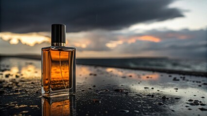 Elegant perfume bottle reflecting a dramatic sunset over the ocean, evoking luxury and serenity