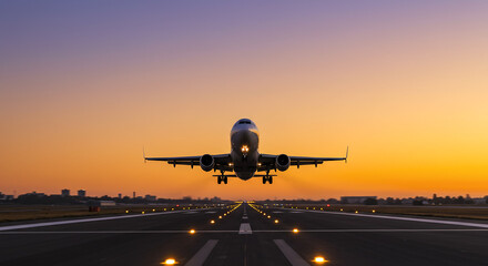 "Airplane Taking Off at Sunrise with Illuminated Runway and City Skyline in Background"