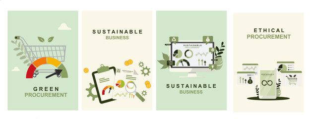 Green procurement. Sustainable business dashboard posters set. Ethical purchasing analytics infographic poster. Corporate responsibility metrics presentation for marketing. Vector illustration