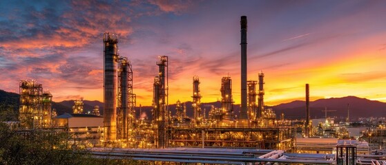 Naklejka premium The industrial plant illuminated at sunset with a vibrant sky backdrop.