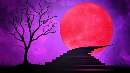 Silhouette of a barren tree against a vibrant purple and pink night sky, dominated by a large, textured red moon. A dark staircase leads towards the celestial body. Pixel art style.