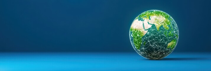 3D green and white Earth model on blue background with subtle texture, symbolizing global network or connection. Soft lighting creates a calm, modern feel—ideal for themes of sustainability, technolog