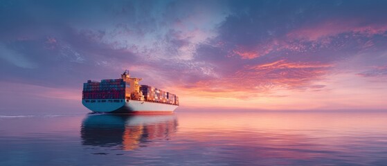 The majestic cargo ship sailing under a vibrant sunset over calm waters.