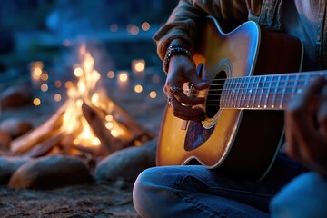 Fototapeta premium Evening gathering by the campfire with acoustic guitar music in the woods