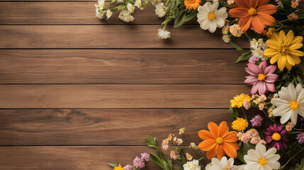 Rustic floral background with colorful flowers frame on wooden texture for spring and summer designs