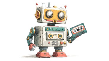Fototapeta premium Retro robot holding a cassette tape