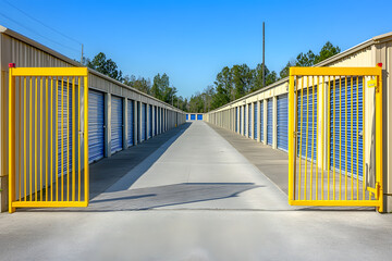 Self storage facility with yellow entrance gate and blue unit doors, symmetrical outdoor concrete path, industrial warehouse building, rental containers, secure property storage solution exterior

