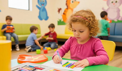 Fototapeta premium Young children engaged in art activities in a brightly colored playroom.