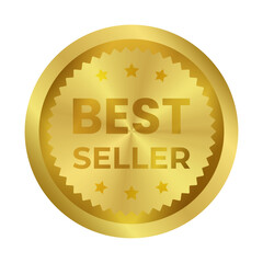 Gold sticker, template, label. Round shiny luxury premium vip metalic emblem Best Seller. Award, medal with star. Isolated element on transparent background EPS10 Vector