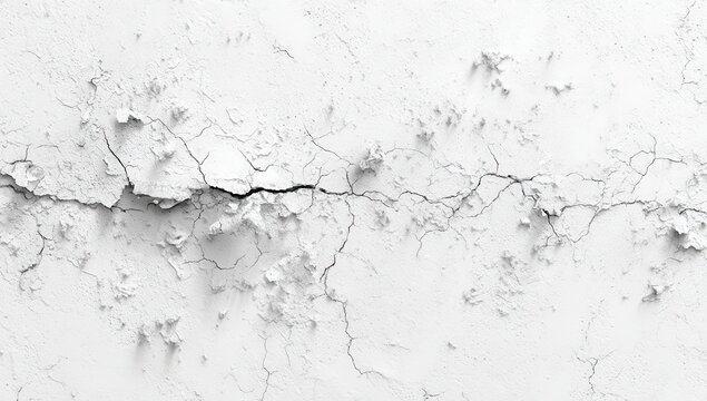 A monochrome close-up reveals a heavily cracked and textured white surface, possibly plaster or paint, showing significant age and weathering