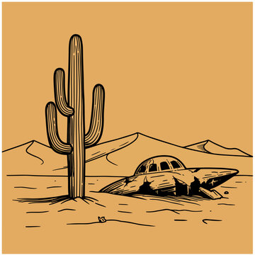 Desert UFO crash scene with saguaro cactus.  Ufo crash illustration shows spaceship wreckage in sand dunes next to tall desert plant.