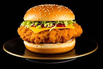 Crispy Chicken Sandwich on Black Plate: Delicious Fried Chicken Burger with Cheese, Lettuce & Sesame Seed Bun - Food Photography