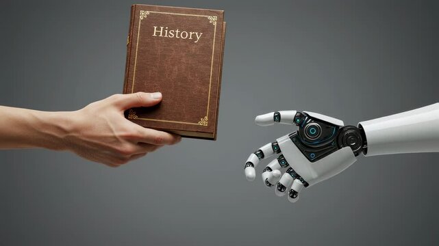 Human hand handing history book to robot. Artificial intelligence learning from past and knowledge transfer concept footage.