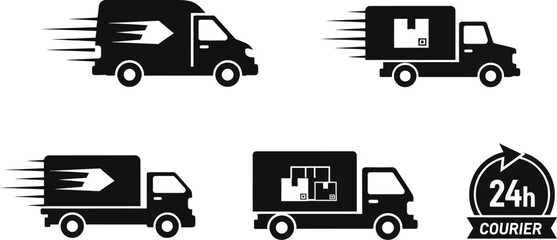 Black and white icons of delivery trucks with speed lines and a 24hour courier symbol isolated on white background