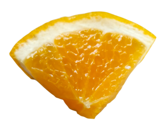 A juicy, vibrant orange slice showcasing its bright, translucent pulp and textured rind.