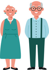Fototapeta premium Elderly couple standing together smiling in simple clothing vector illustration for lifestyle and family concepts