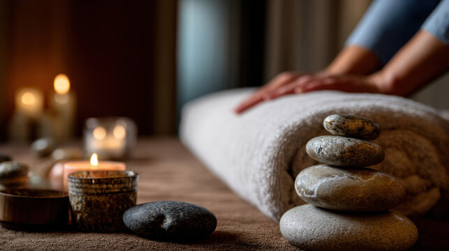 Tranquil spa room with soft candlelight, woman enjoying relaxing hot stone therapy, white towels, natural textures and therapist's hands applying heated stones gently
