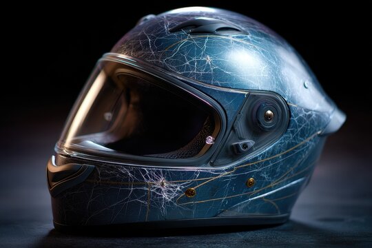 A racing helmet with a striking blue design featuring crackle patterns rests on a dark surface, emphasizing its protective qualities