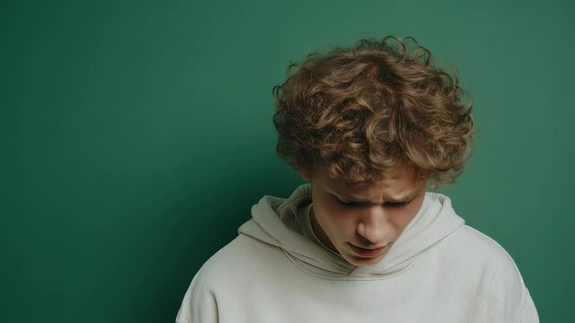 Caucasian man with curly hair expressing various emotions on green background. Acting exercises, facial expression practice. Video for drama class or emotion recognition