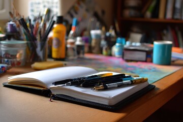 Creative workspace with open notebook and various drawing tools at a sunny desk