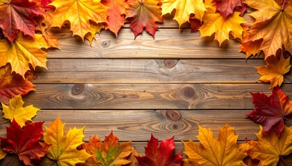 Obraz premium Autumn leaves in vibrant red, orange, and yellow frame a wooden background, creating a cozy fall-themed setting.
