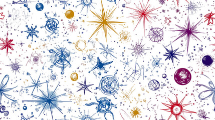 Colorful seamless pattern with stars and celestial symbols on white for astrological or bright festive design