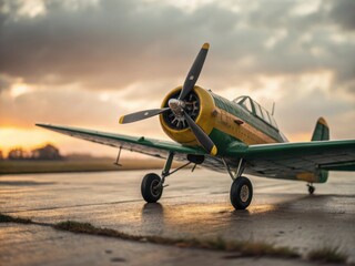 Fototapeta premium Vintage green and yellow airplane parked on a wet runway against a dramatic sunset sky