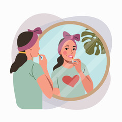 Young woman makes up in front of a mirror. Vector cartoon flat style illustration