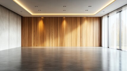Empty modern room with wood wall, concrete floor, and large window.