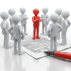 A red figure stands confidently among white figures on a document with a pen, symbolizing leadership, individuality, and standing out in a group.