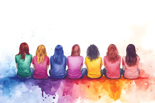 Group of diverse women sitting side by side viewed from behind, colorful watercolor splash background, unity and inclusion concept, friendship, diversity, equality, gender empowerment, human rights

