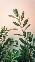 Fototapeta premium Close up of lush green tropical leaves against a soft pastel gradient background