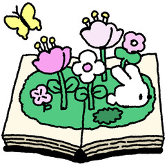 책 속 정원과 토끼 일러스트