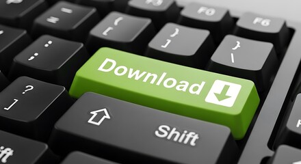 Green download button on a black keyboard computer technology