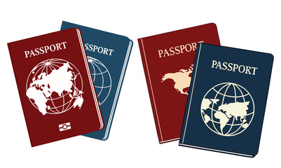 Passport With Map. Asia. Realistic Vector Illustration. Red And Blue Passports With Globe. International Identification Document. Front Cover. Isolated