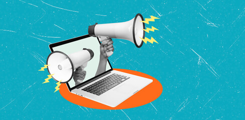 Art collage, Digital communications amplify messages with megaphones presenting online engagement...