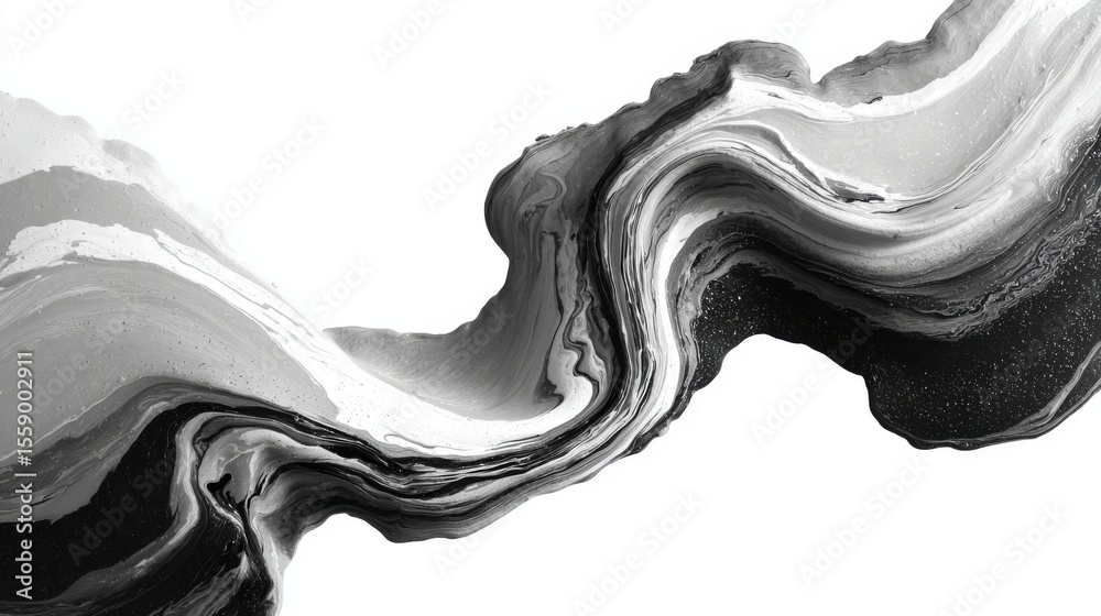 Poster this artwork features a flowing black and white abstract design, highlighting dynamic curves and tex
