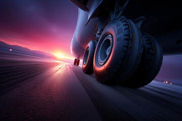 Dramatische Aufnahme eines Flugzeug-Fahrwerks bei der Landung mit Sonnenuntergang im Hintergrund