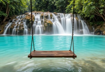 Close up Wooden Swing Hanging Over Turquoise Water Near Lush Waterfall