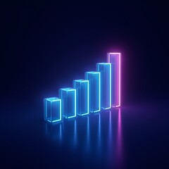 A digital art image shows a bar graph with an upward-pointing arrow, all rendered in a glowing blue hue against a dark background
