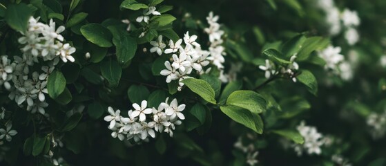 Naklejka premium The delicate white flowers in full bloom surrounded by lush green leaves.