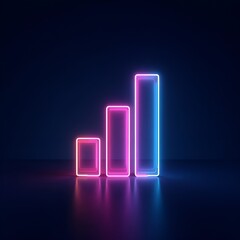 A digital art image shows a bar graph with an upward-pointing arrow, all rendered in a glowing blue hue against a dark background
