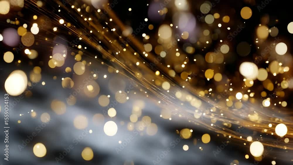 Poster Golden shimmering particles and light lines create a dynamic abstract background. Magical bokeh glow with curved golden stripes, perfect for festive and special occasion projects.
