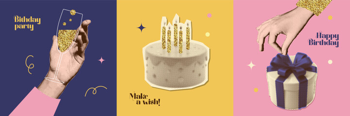Retro Birthday halftone collages cards set. Gift, cake, hand with champagne glass with golden glitter elements. Torn out paper Dotted pop art style. Vintage elegant vector illustration